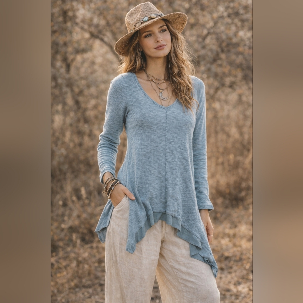 Women's Long Sleeve Tunic‎ Top Small Blue Heathered Handkerchief Hem Boho Light